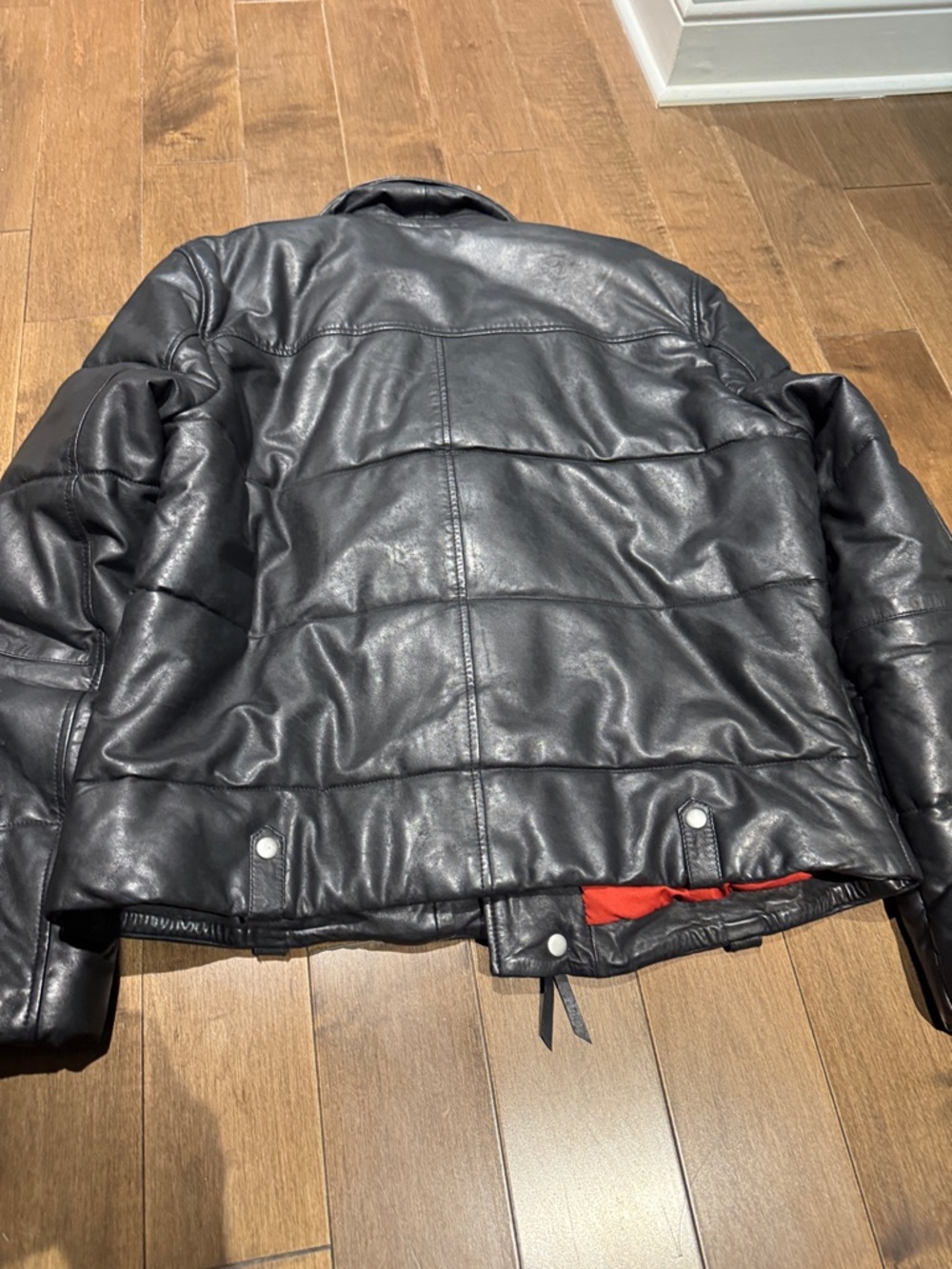AllSaints Black Quilted Leather Moto Jacket with Red Lining - Picture 3 of 4